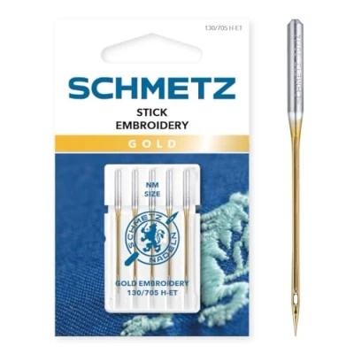 Image of SCHMETZ Domestic Sewing Machine Needles 5 Gold Embroidery 130/705 H ET Needle Size: 90/14 Can be Used on All Conventional Household Machines and