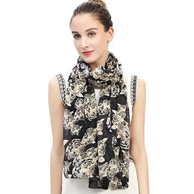 Image of Lina &amp; Lily Tiger Animal Print Women&#039;s Scarf Shawl Wrap Lightweight (Black)