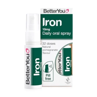 Image of BetterYou Iron 10 Daily Oral Spray, Pill free Supplement and Immune System Support, Delivers 10mg of Highly Absorbable Per Dose, 1 month Supply, Made in the UK, Natural Pomegrante Flavour