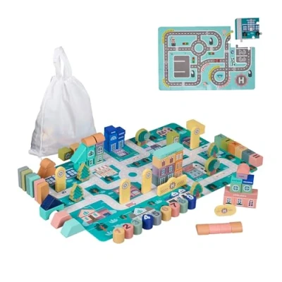 Image of Relaxdays Wooden Blocks Set, 113 Pieces, City Design, Play Mat, Buildings, Track &amp; Numbers, for Ages 3+, Multicoloured, Wood, One Size