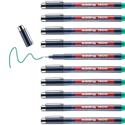 Image of edding 1800 profipen green 10 pens line width 0.7 mm fineliner pen for precise writing, sketching and technical drawing fine, metal encased nib suitable use with rulers stencils