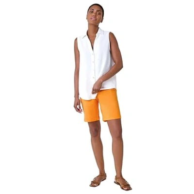 Image of Roman Originals Stretch Shorts for Women UK Ladies Pull On Turned Hem Cut Off Bengaline Mom Boyfriend Boy Denim Casual Cropped Pants Capri Slim Fit Turn Up Summer Crops Mother Mango Size 22