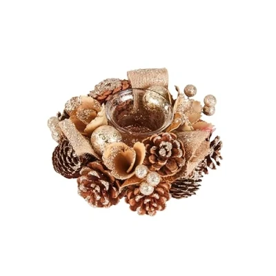 Image of Smart Garden Goldfest Solo Candle Holder Gold Pinecones, Foliage and Berries 15cm Christmas Table Décor Festive Xmas Decoration