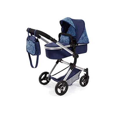 Image of Bayer Design 18403AA Stroller, Doll Combi Pram Neo Vario with Changing Bag and Underneath Shopping Basket, Foldable, Swivel Front Wheels, Blue Pattern Classic, 52 cm