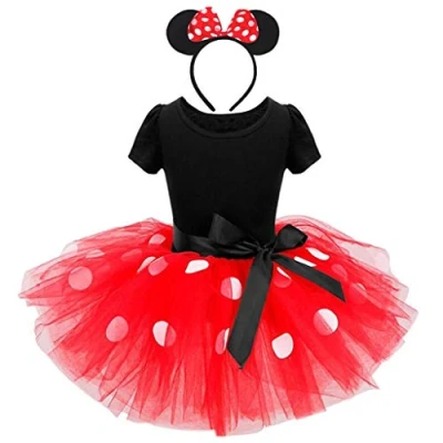 Image of Lito Angels Minnie Fancy Dress Up Costume with Mouse Ears Bowknot Hair Hoop for Kids Girls, Halloween Birthday Party Polka Dot Tutu Skirt, Age 5 6 Years, Red