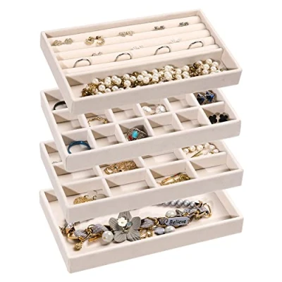 Image of Frebeauty Jewelry Organizer Tray,Stackable Velvet Trays,Drawer Inserts Earring for Women Girls Storage Display Case Rings Stud Necklaces,Set of 4(Beige)