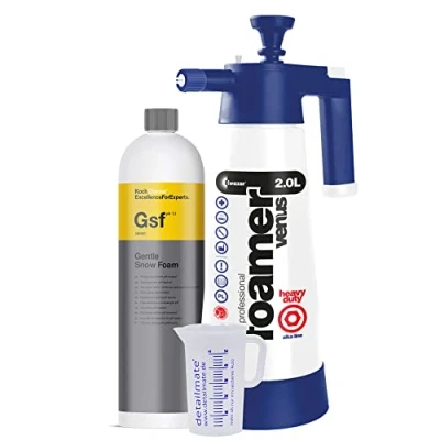 Image of detailmate Preparation Set: Koch Chemie GSF Gentle Snow Foam 1 Litre Cleaning Shampoo Insect Remover Kwazar Super Foamer Alkaline for Substances + Scale Measuring Cup 50 ml