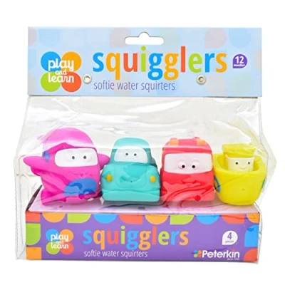 Image of PETERKIN Play &amp; Learn SQUIGGLERS 4 softie water squirters Pre school Toys Bath Ages 12m+