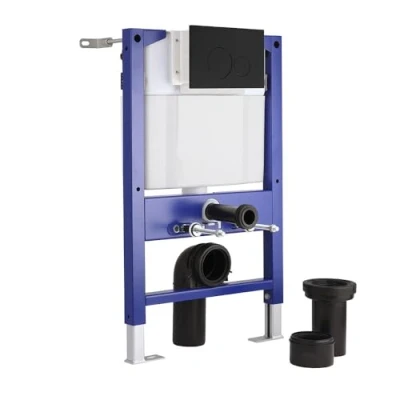 Image of Milano Wall Hung Toilet WC Short Fixing Frame Dual Flush Cistern Round Black Plate 820mm x 500mm