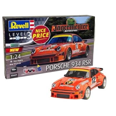 Image of Revell Gift Set 05669 Jägermeister Motorsport 50th Anniversary Porsche 934 RSR 1:24 Scale Unbuilt Plastic Model Kit with Contacta Professional Glue, Paintbrush &amp; Selected Aqua Color Paints