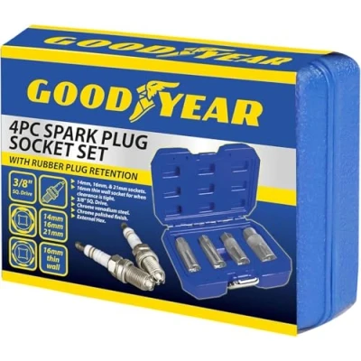 Image of Goodyear 4pc Spark Plug Socket Set Durable Chrome Vanadium Steel 6 Point Design Sizes: 5/8&quot;, 13/16&quot;, 3/4&quot;, 10mm Ideal for Automotive Maintenance &amp; Repair Versatile and