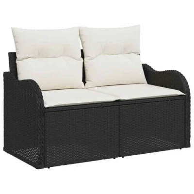 Image of vidaXL Contemporary Outdoor Sofa with Weather Resistant Polyrattan Storage and Cushions in Black Cream Polyester Ideal for Balcony Patio Suitable Multiple Uses Convertible Furniture