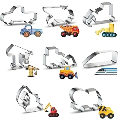 Image of Construction Cookie Cutter, 8 Piece Stainless Steel Biscuit Cutters with Electric Rail Car Excavator Truck Digger Bulldozer, Set for DIY Baking, Party, Kids