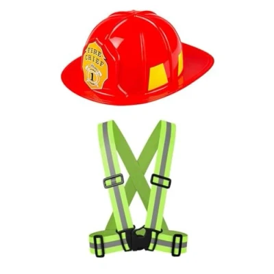 Image of jokeshop Adults Fireman Set (Red Helmet &amp; High Yellow Vis Braces) Firefighter Fire Chief Hat Unisex Fancy Dress Emergency Services
