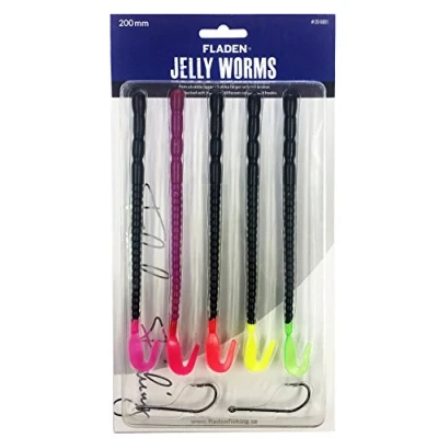 Image of FLADEN Fishing SOFT BAITS 5 Pack of Assorted Coloured Jelly Fire Tail Worms with 2 x 4/0 hooks Sea Boat Imitation Latex Bait Lure (Pack 1) [20 6801]