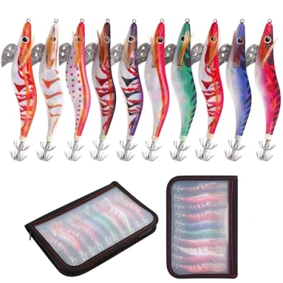 Image of Squid Jig Sea Fishing Lures Kit, 10pcs Saltwater Wood Shrimp Luminous Tail Hooks Glow Hard Bait Octopus Cuttlefish Tackle