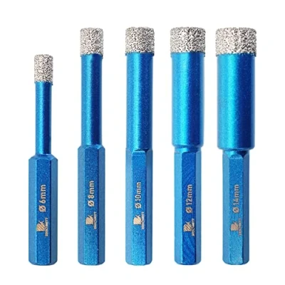 Image of Dry Diamond Drill Bit Set,BRSCHNITT 5pcs 6 8 10 12 14 mm Hole Saw Core for Porcelain Tile Ceramic Stone Granite Marble,Hex Shank Drilling Kit