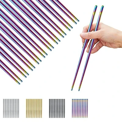 Image of Evanda Rainbow Chopsticks 10 Pair Reusable Chop Sticks Metal Chopsticks, Stainless Steel Colorful Titanium Plating Chopstick Easy Clean Dishwasher Safe