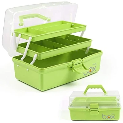 Image of Creahaus 12in 3 Layer Multipurpose Storage Box/Craft Boxes with Compartments/Plastic Tool Box/Medicine Box/Hair Accessories Organiser/Sewing Box 2 Trays (Green)