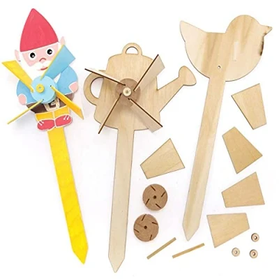Image of Baker Ross FE516 In The Garden Wooden Windmill Kits Pack of 4, for Kids Arts and Crafts Projects, Children to Decorate, Personalise Display