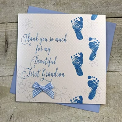 Image of WHITE COTTON CARDS Welcome to my 1st Grandson handmade Baby card Blue Footprints WB300 MY,16cm x 16cm