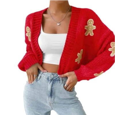 Image of Gingerbread Cardigan, Sweater Women, Christmas Open Front Cropped Cardigan Sweaters(Red,M)