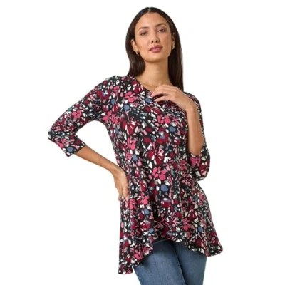 Image of Roman Originals Hanky Hem Tunic Top for Women UK Ladies Longline Blouse Asymmetric Hemline Casual Slouch Loose 3/4 Sleeves Round Neck Relaxed Comfortable Holiday Pink Noir Size 10