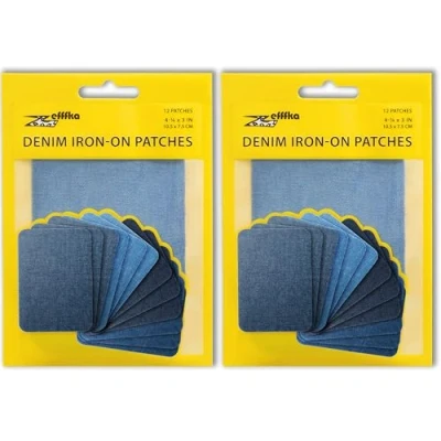 Image of ZEFFFKA 2PACK Denim Iron on Jean Patches Inside &amp; Outside Strongest Glue 100% Cotton Assorted Shades of Blue Repair Decorating Kit 12 Pieces Size 3&quot; by 4 1/4&quot; (7.5 cm x 10.5 cm)