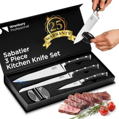 Image of Wrenbury Pro Sabatier Knife Set 3 Piece with Sharpener Professional Kitchen Knives 20cm Bread Knife, 9cm Paring, Chef Dishwasher Safe