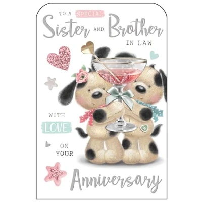 Image of Jonny Javelin Special Sister and Brother in Law Anniversary Card Fudge Dogs Cocktail Embossed with Foil Flitter Details