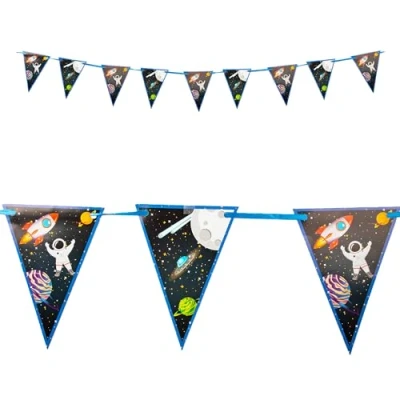 Image of Procos PR93739 Row 9 Triangular Planets Astronaut Rocket Space Party Flags FSC Paper Spinning Bunting, White
