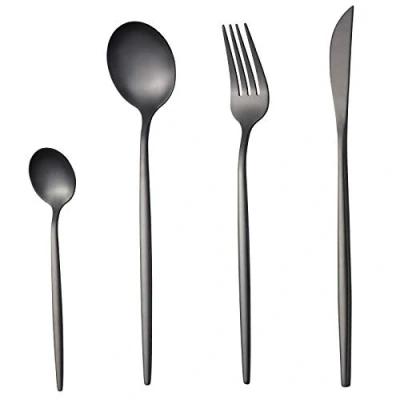 Image of Matte Black Cutlery Set 24 Piece,SANLI Thin Handle Stainless Steel Knife Fork Spoon for 6 People,Flatware Dishwasher Safe.