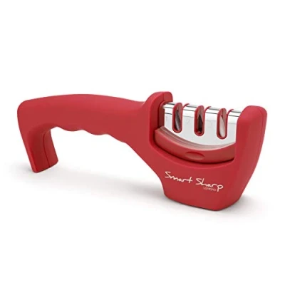 Image of Lantana Smart Sharp Knife Sharpener Professional 3 Stage Manual for Sharpening Kitchen Knives Ceramic Stone, Tungsten Carbide Plates, Diamond rods. Ergonomic Design, Red/Chrome Finish