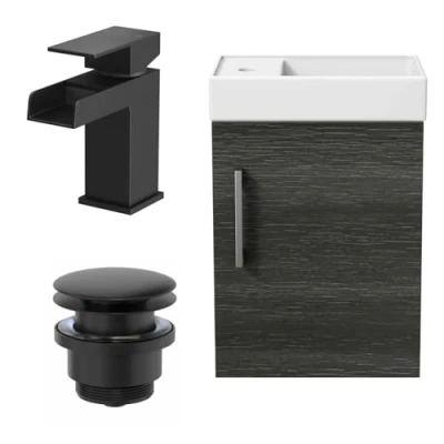 Image of AURORA® 400mm Bathroom Vanity Unit Ceramic Wash Sink Wall Hung Storage Cabinet Reversible Soft Close Cupboard &amp; Black Waterfall Basin Mixer Tap Waste Set, Charcoal Grey