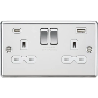 Image of KnightsBridge 13A 2G SP Raised Round Edge Switched Socket with Dual USB C+A Polished Chrome, White Insert