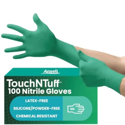 Image of Ansell TouchNTuff 92 605 Disposable Nitrile Gloves, Powder Free and Food Certified, High Chemical Resistance Mechanical Protection, Professional Safety Green, Size XL (100 Gloves)
