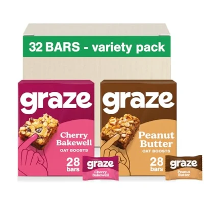 Image of Graze Cherry Bakewell &amp; Peanut Butter Oat Boost bars snacks Made With Whole Oats and Natural Flavours 8x4 snack Total of 32