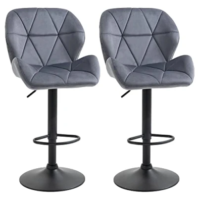 Image of HOMCOM Adjustable Bar Stools Set of 2, Armless Upholstered Swivel Counter Chairs, Barstools with Back, Footrest, Dark Grey