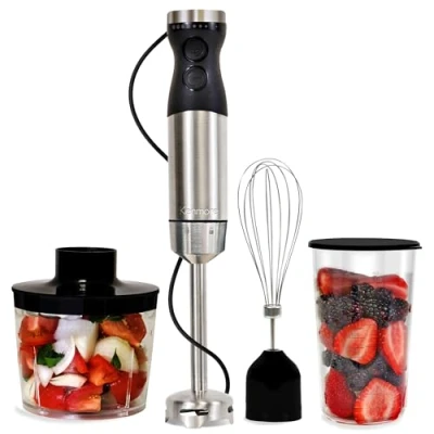 Image of Kenmore Hand Blender 4 in 1 Immersion Electric Handheld Stick for Kitchen Stainless Steel Quad Blade Food Chopper Whisk 700mL Beaker Lid Variable Speed Blenders Baby Soup
