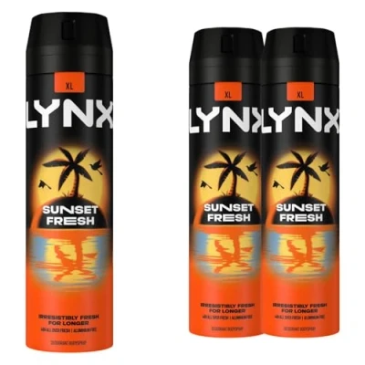 Image of Lynx XL Sunset Fresh Deodorant for Men Multipack with Mango and Mandarin Scent Long Lasting Fragrance 48 Hours All over Freshness Aluminium Free Body Spray 200 ml, 3 Pack