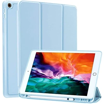 Image of HUEZOE Case Compatible with iPad 9/8/7 Generation (10.2 Inch, 2021/2020/2019 Model, 9th/8th/7th Generation), Soft TPU Back Cover Protective Pen Holder, Auto Sleep/Wake, Light Blue