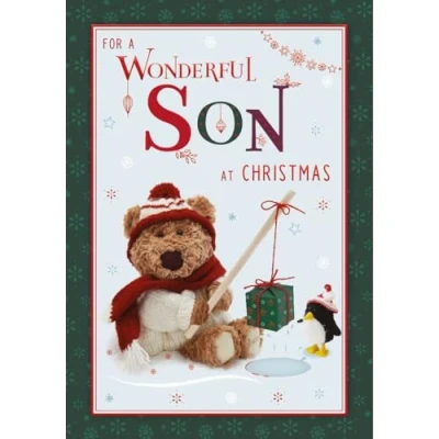 Image of ICG Wonderful Son Christmas Card Barley Bear Fishing for Presents with Embossed Foil Details
