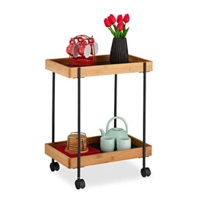 Image of Relaxdays 10027599 Serving Trolley, Tea Station with 2 Tiers, Bamboo &amp; Iron, Side Table on Casters, 57x46x28 cm, Natural/Black, MDF Boards