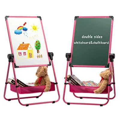 Image of DOEWORKS Kids Art Easel Magnetic Whiteboard/Kids Flip Chart Easel, Double Sides Whiteboard &amp; Chalkboard Standing White Board, Height Adjustable 360Rotating with Storage Box(Pink)