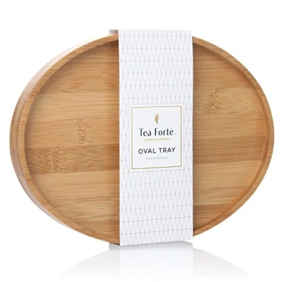 Image of Tea Forte Natural Bamboo Small Oval Decorative Serving Tray for Tea, Coffee, Snacks, 9 in x 7