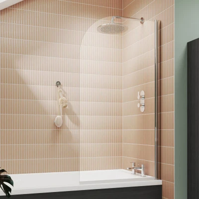 Image of Pacific Polished Chrome Profile Round Top Hinged Bath Screen 1430mm h x 790mm w 6mm Glass Nuie