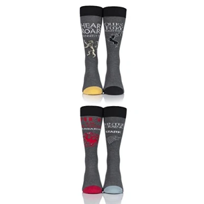 Image of 4 Pair Grey Game of Thrones Houses Targaryen, Stark, Lannister and Baratheon Socks Unisex 11 14 Film &amp; TV Characters