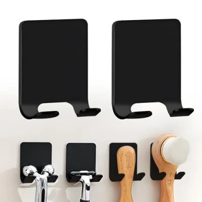 Image of RYHHH 2 Pack Razor Holder For Shower,Waterproof Self Adhesive Shower Holder,Reusable Hook,Secure &amp; Safe,For Shaving Razor, Plug, Keys,Kitchen Utensils, Towel Robe,Black