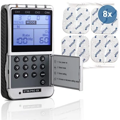 Image of axion 4 Channel TENS Machine for Pain Relief STIM PRO X9+ Including 8 2x2&#039;&#039; Electrode Pads 45 Modes and 100 Intensity Levels Certified Medical Device