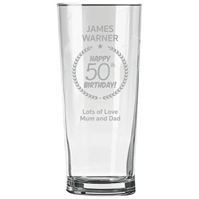 Image of Personalised Engraved Pint Glass 50th Birthday Gift, Name, Border and 50 Message Design